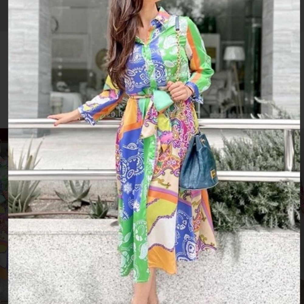 Boho Paisley Print Button up Satin Dress - Picture 1 of 7